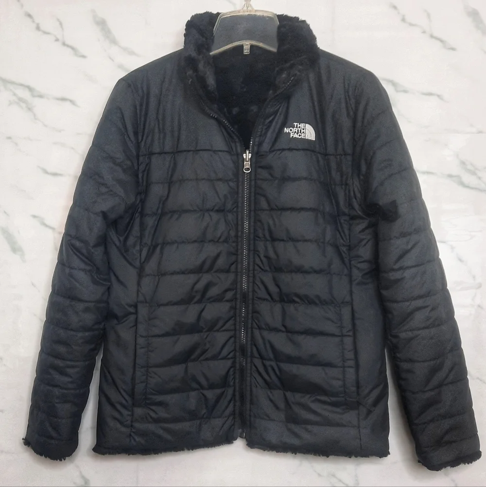 NORTH FACE Black Puffer Jacket Reversible High Pile Fleece Girls 14 16 Women S - Picture 2 of 12